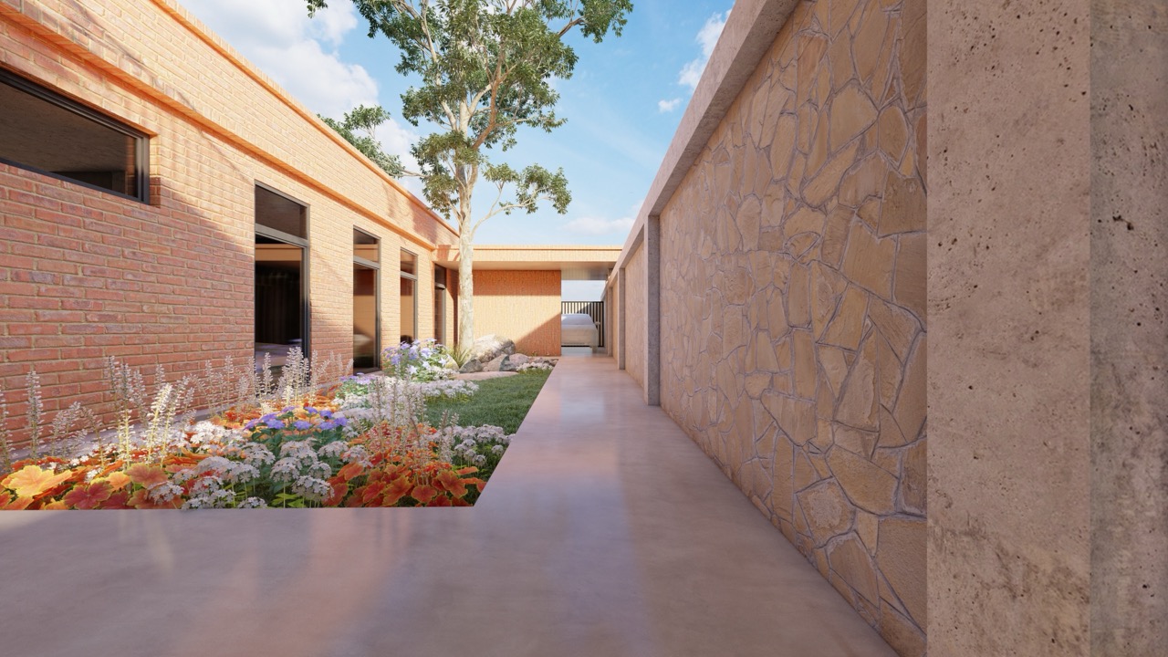 Rendered perspective of bedrooms opening to patio